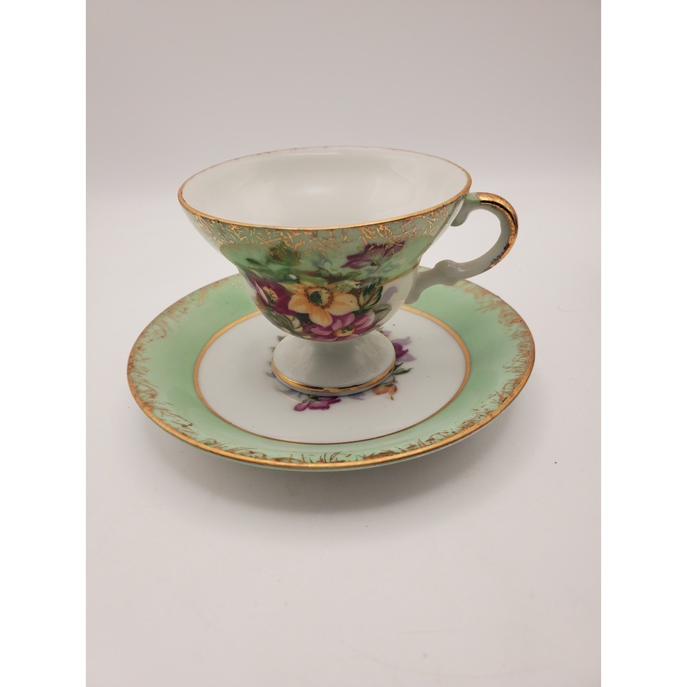 Vintage Norleans Japan Footed Teacup & Saucer Set - Mint Green & Gold